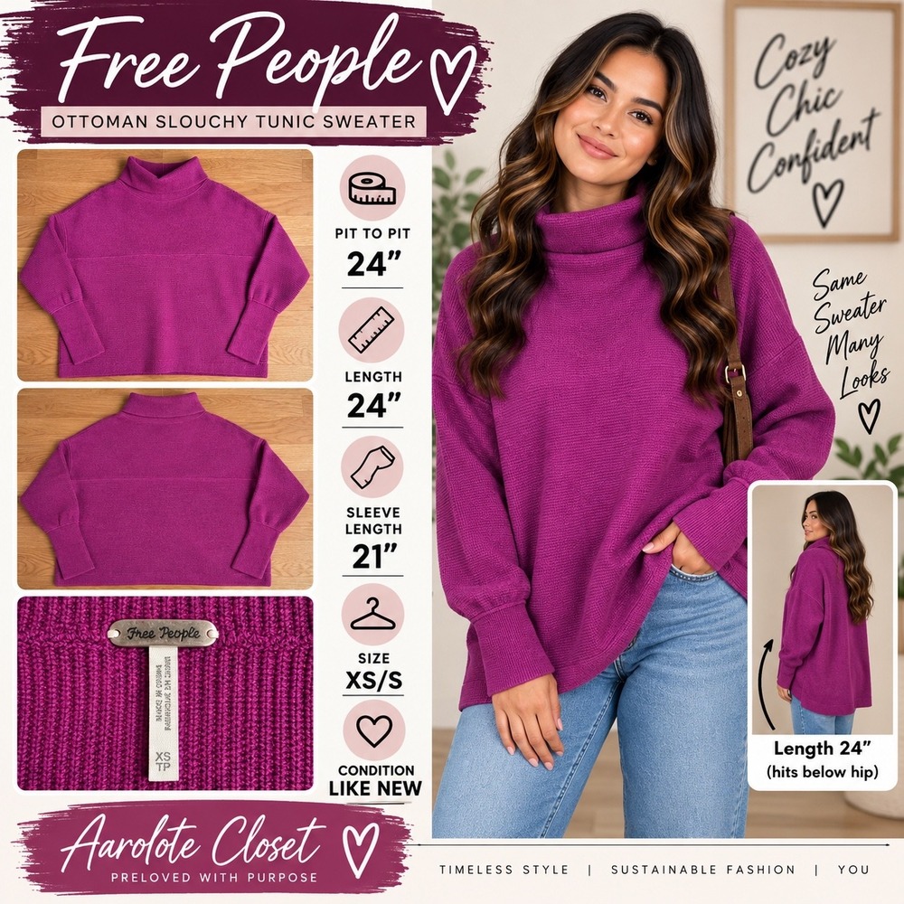 Free People Ottoman Slouchy Tunic Sweater Magenta Ribbed Mock Neck XS/S